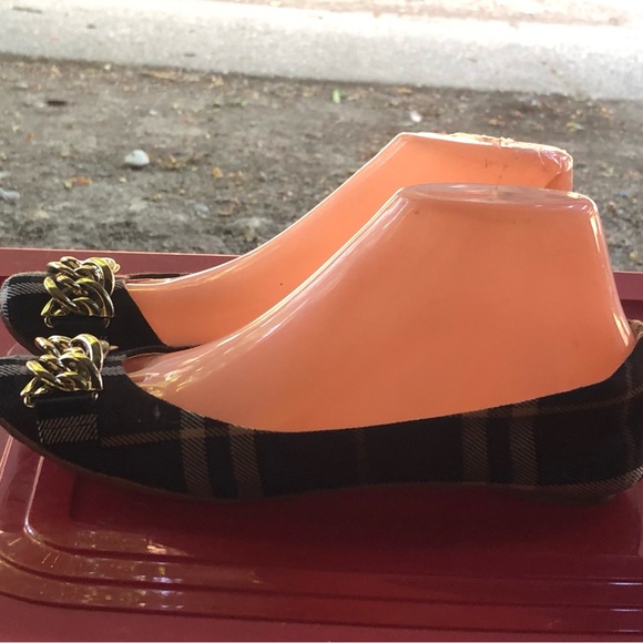 Sam Eldelman Womes Brown Gray Black Plaid w/Gold Chain Ballet Sandals Size 6M - Picture 4 of 11